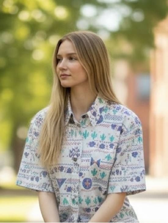 Nuovo Tops - Southwest Button-Down Short Sleeve Shirt with Blue/ Green Print size S UFO core